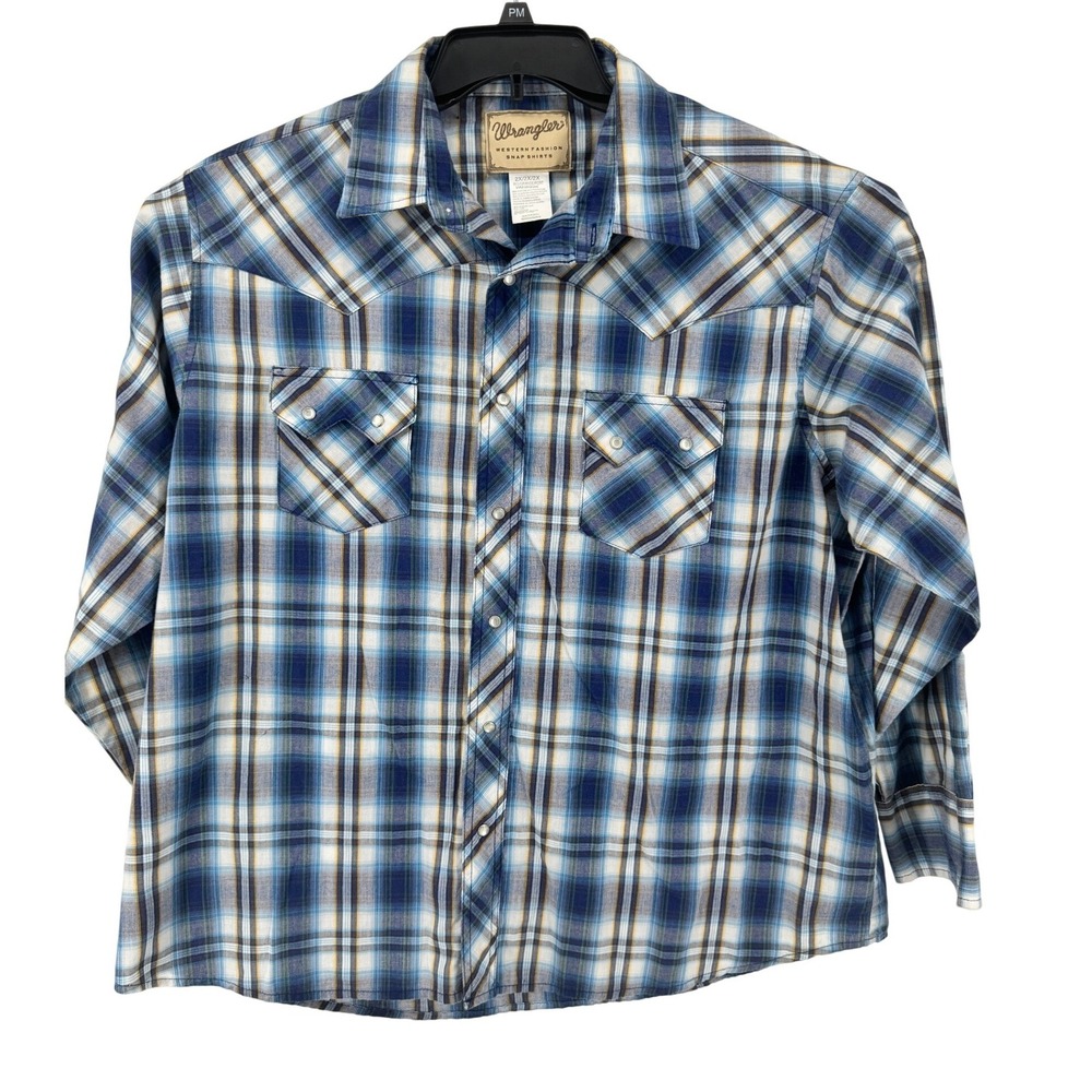 Wrangler Western Pearl Snap Shirt Mens 2XL Blue Plaid Cowboy double yolk Pockets
